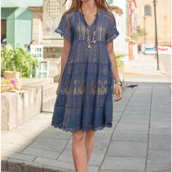 Sundance Blue Full Lace Short Sleeve Shift Fit Mini Dress Size Small - Picture 1 of 8
